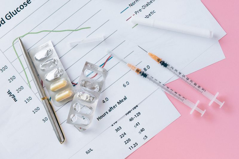 Blood glucose chart, medication blister pack, and insulin syringes laid out on a table