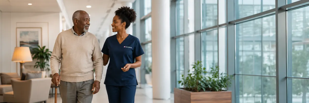 A nurse walking with a resident at a Medwell care facility