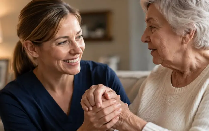 medwell-care-centre A caregiver holds hands with an older woman
